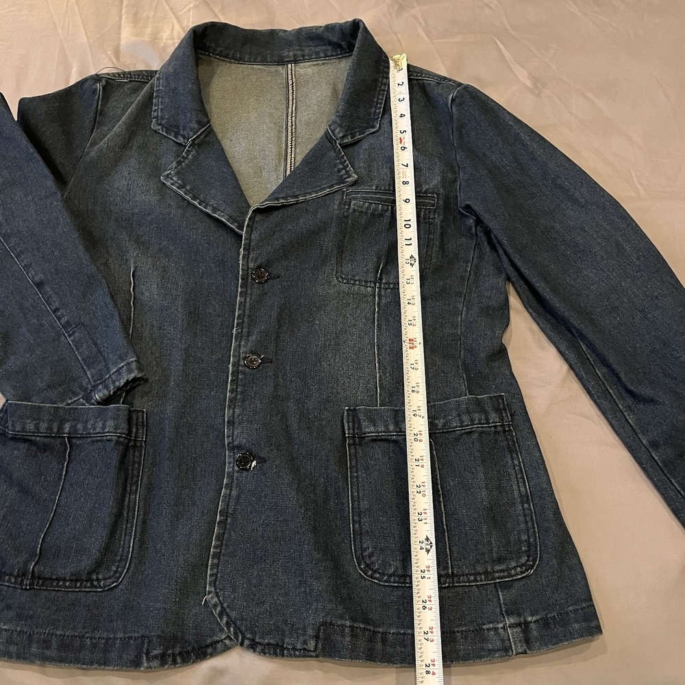 Denim Blazer Jacket Tailored Chore Coat Patch Pockets L 40 100 Cotton Y2K Style - Picture 2 of 11